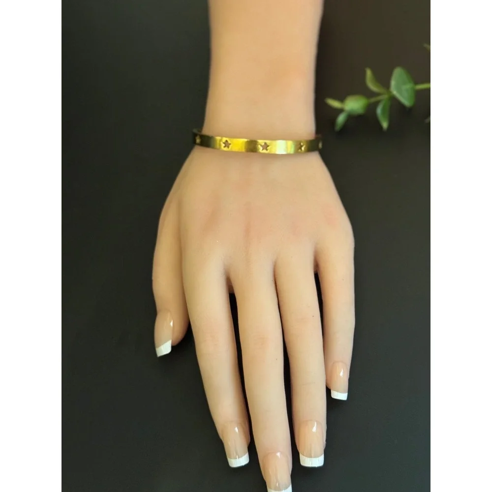 Gold Tone Star Cutout Bangle Bracelet Hinged Celestial Flat Band Jewelry